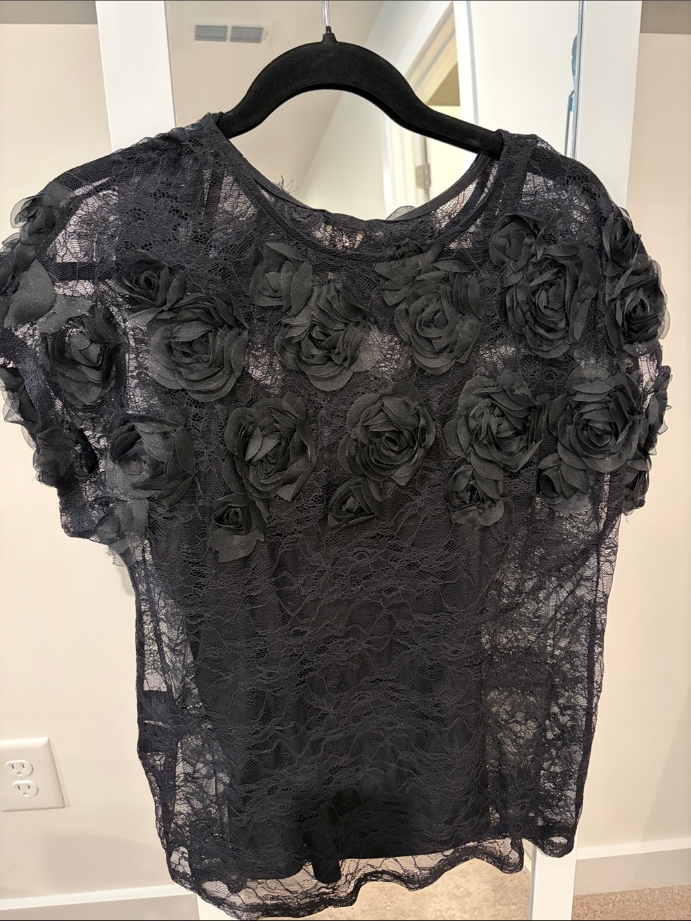 Anne Klein Black Lace Floral Rosette Short Sleeve Blouse with Camisole